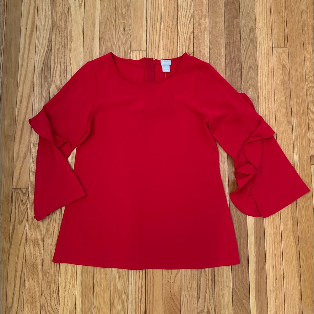 Chicos Red Ruffle Sleeve Tunic